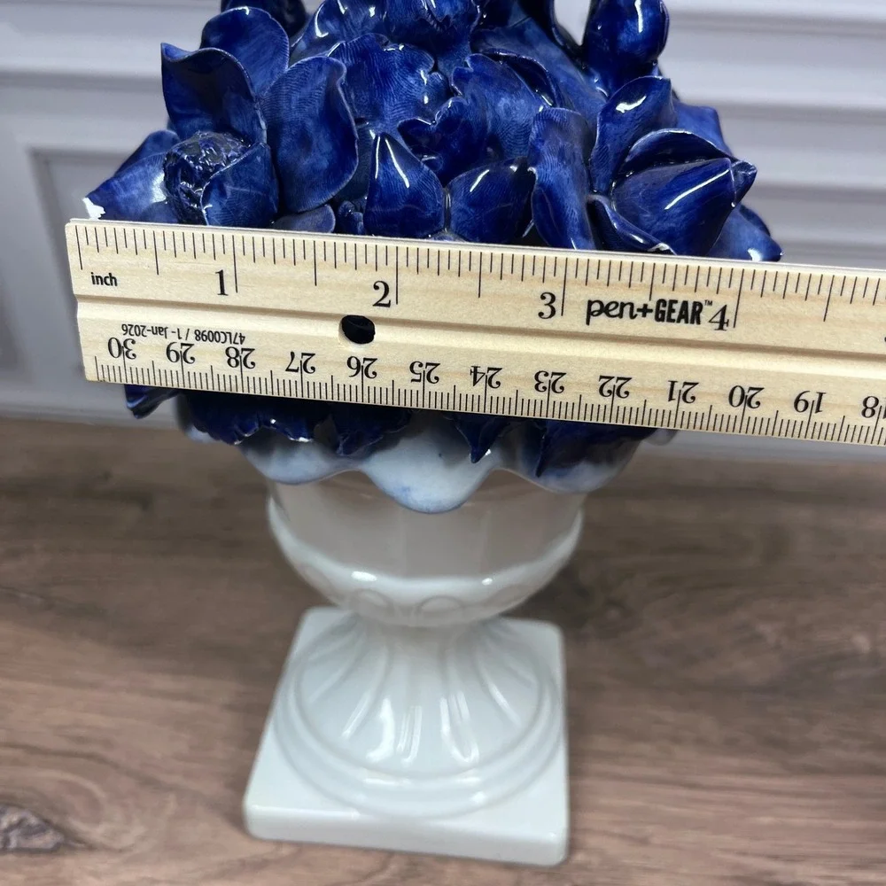 Italian Ceramic Floral Centerpiece Urn Blue White Roses Anemones Hand-Painted